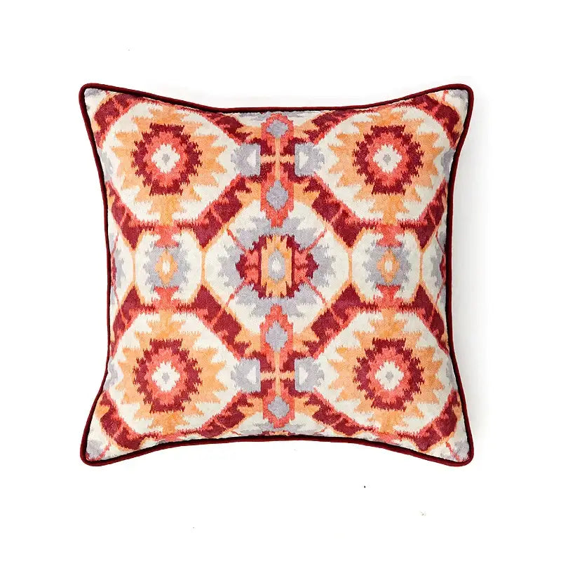 Square throw pillow with intricate red orange cream geometric pattern and burgundy border for decorbites american luxe retro cushion covers