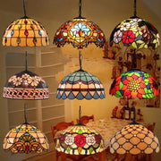 Retro tiffany style colorful glass chandelier pendant with vibrant floral and geometric leaded glass decorbites colorful glass