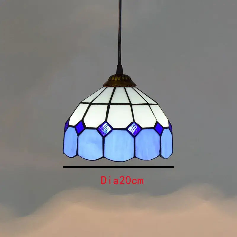 Retro tiffany style colorful glass chandelier with a blue and white stained glass pendant and brass-finished top by decorbites colorful glass