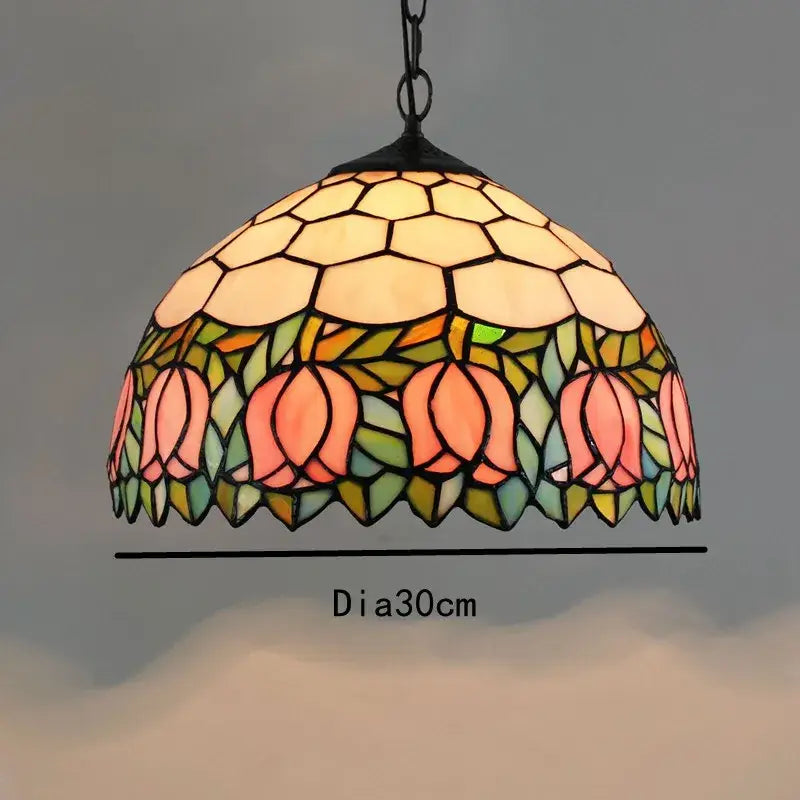 Retro tiffany style colorful glass chandelier pendant with peach flowers and green leaves decorbites colorful glass design