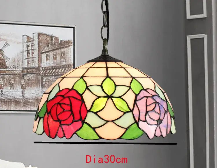 Retro tiffany style colorful glass chandelier featuring vibrant red and pink roses with green leaves by decorbites colorful glass