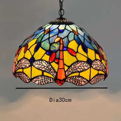 Retro tiffany style colorful glass chandelier pendant lamp with vibrant dragonfly design in yellow blue orange and pink hues decorbites colorful glass