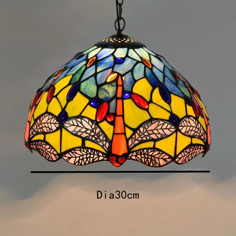 Retro tiffany style colorful glass chandelier pendant lamp with vibrant dragonfly design in yellow blue orange and pink hues decorbites colorful glass