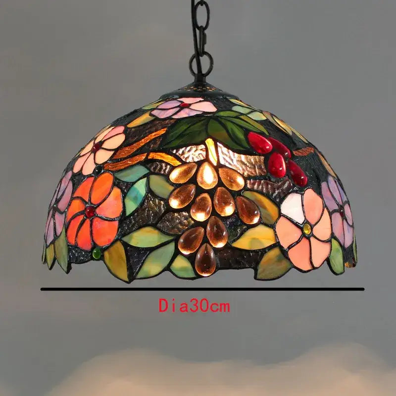 Retro tiffany style colorful glass chandelier pendant light with vibrant floral and grapevine stained glass design by decorbites colorful glass