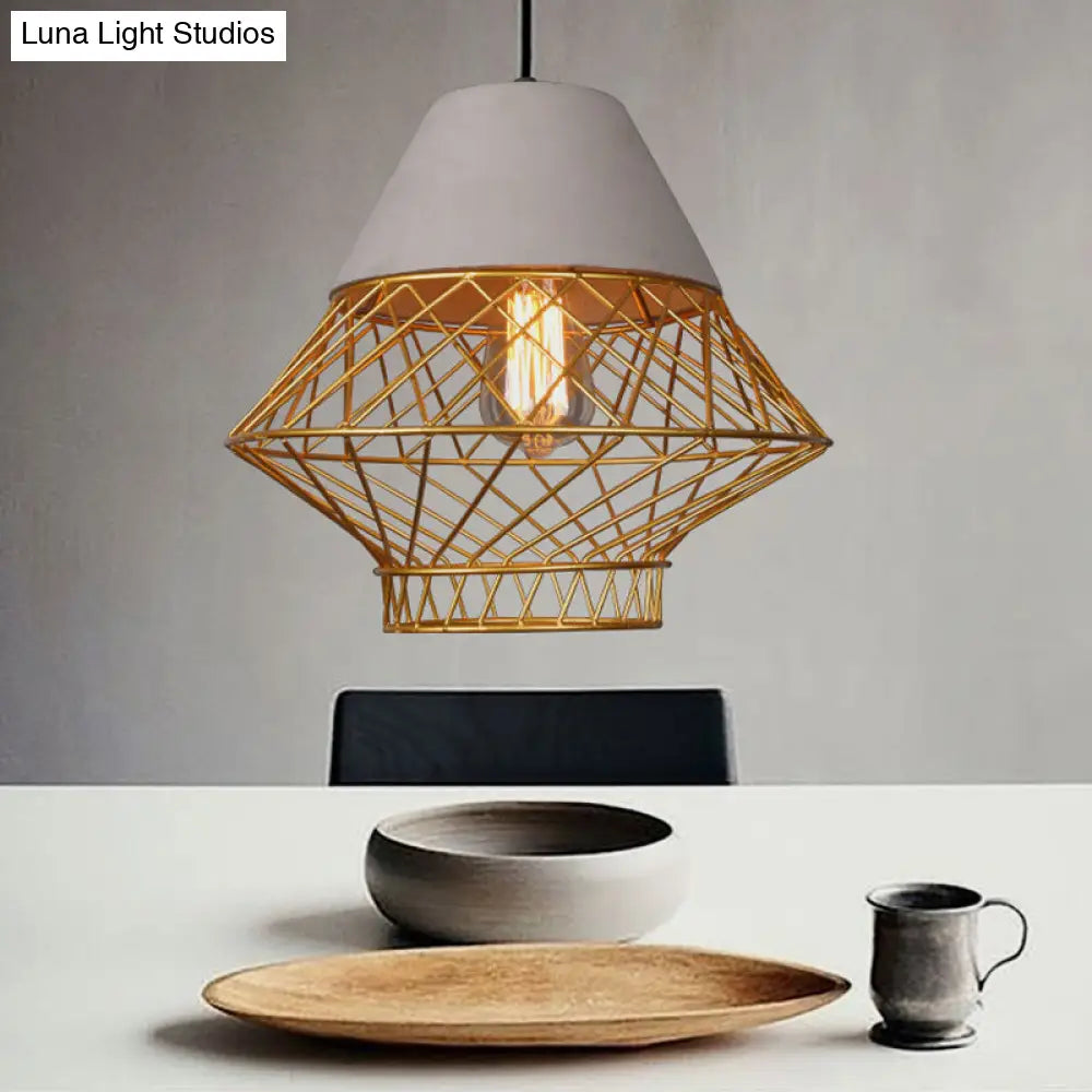 Retro Urban Wire Cage Pendant Light with Cement Top - Restaurant Hanging Lamp