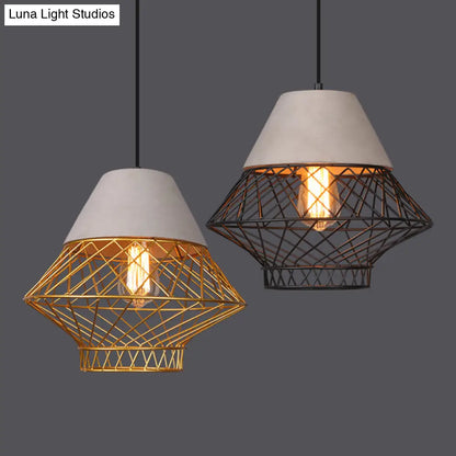 Retro Urban Wire Cage Pendant Light with Cement Top - Restaurant Hanging Lamp