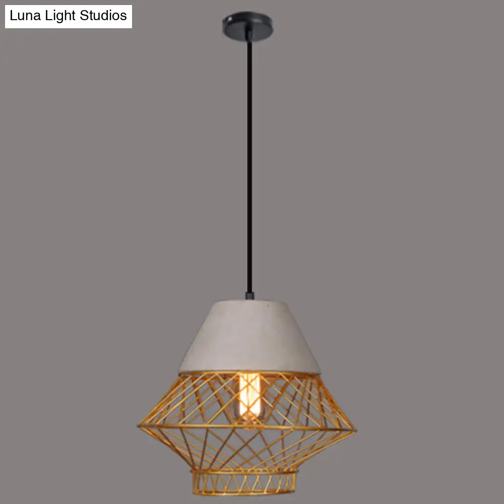 Retro Urban Wire Cage Pendant Light with Cement Top - Restaurant Hanging Lamp