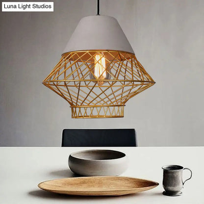 Retro Urban Wire Cage Pendant Light with Cement Top - Restaurant Hanging Lamp