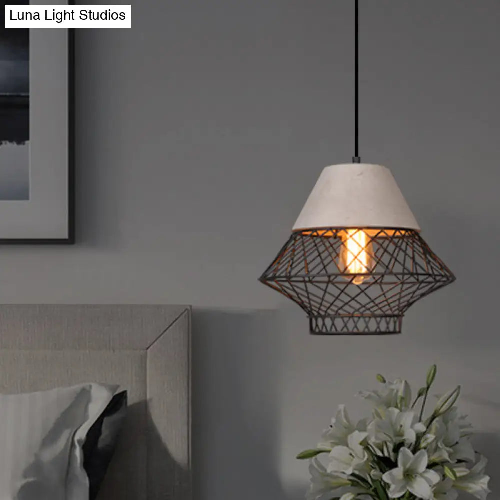 Retro Urban Wire Cage Pendant Light with Cement Top - Restaurant Hanging Lamp