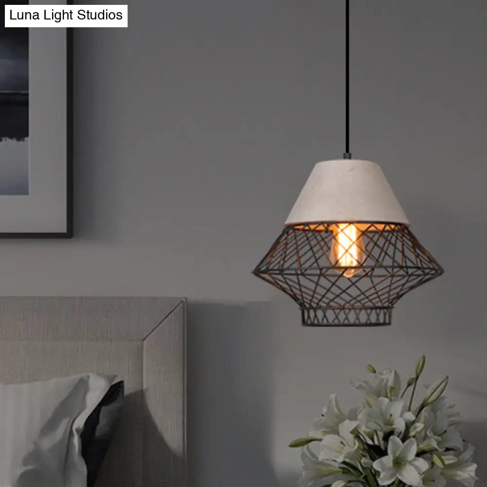 Retro Urban Wire Cage Pendant Light with Cement Top - Restaurant Hanging Lamp