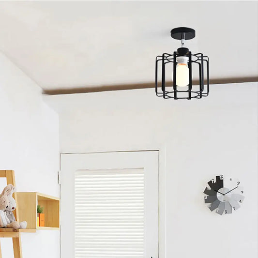 DecorBites™ DecorBites™ Retro Vintage Metal Cylinder/Drum Cage Semi-Flush Ceiling Light - Black Semi Flush Fixture with Rotatable 1-Head for Bedroom