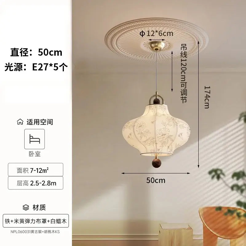 Retro wabi-sabi cream fabric pendant lights with floral embroidery brass chain and wooden finial for bedroom decorbites pendant lights