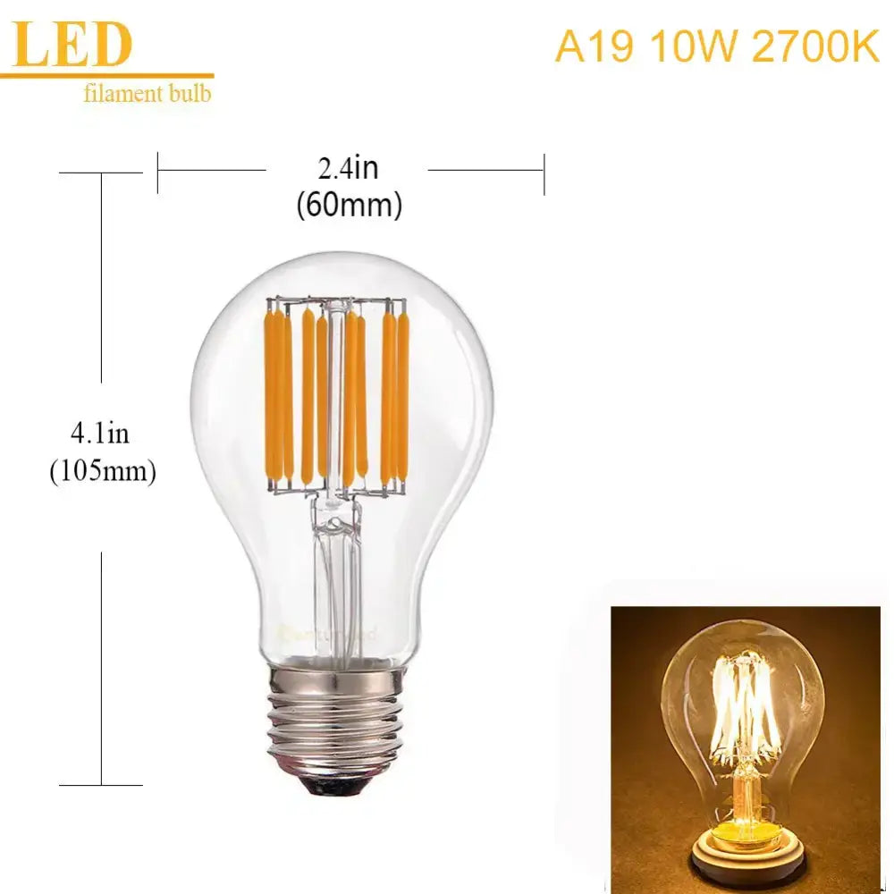 Clear glass a19 edison led bulbs with warm yellow-orange filaments and metallic screw base in 6 pack for living rooms