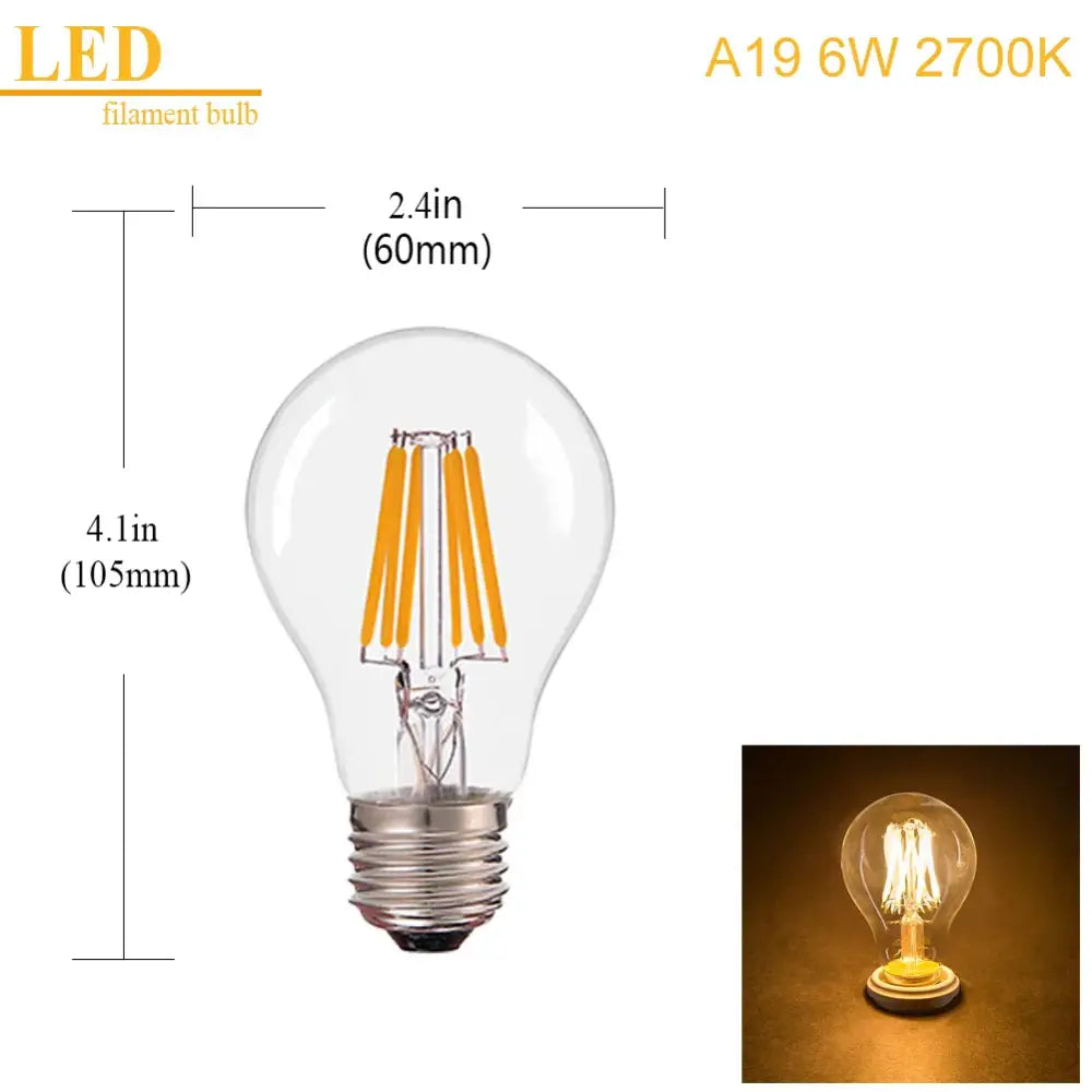 Clear glass a19 edison led bulbs with six golden-yellow filaments and warm 2700k glow for living room lighting