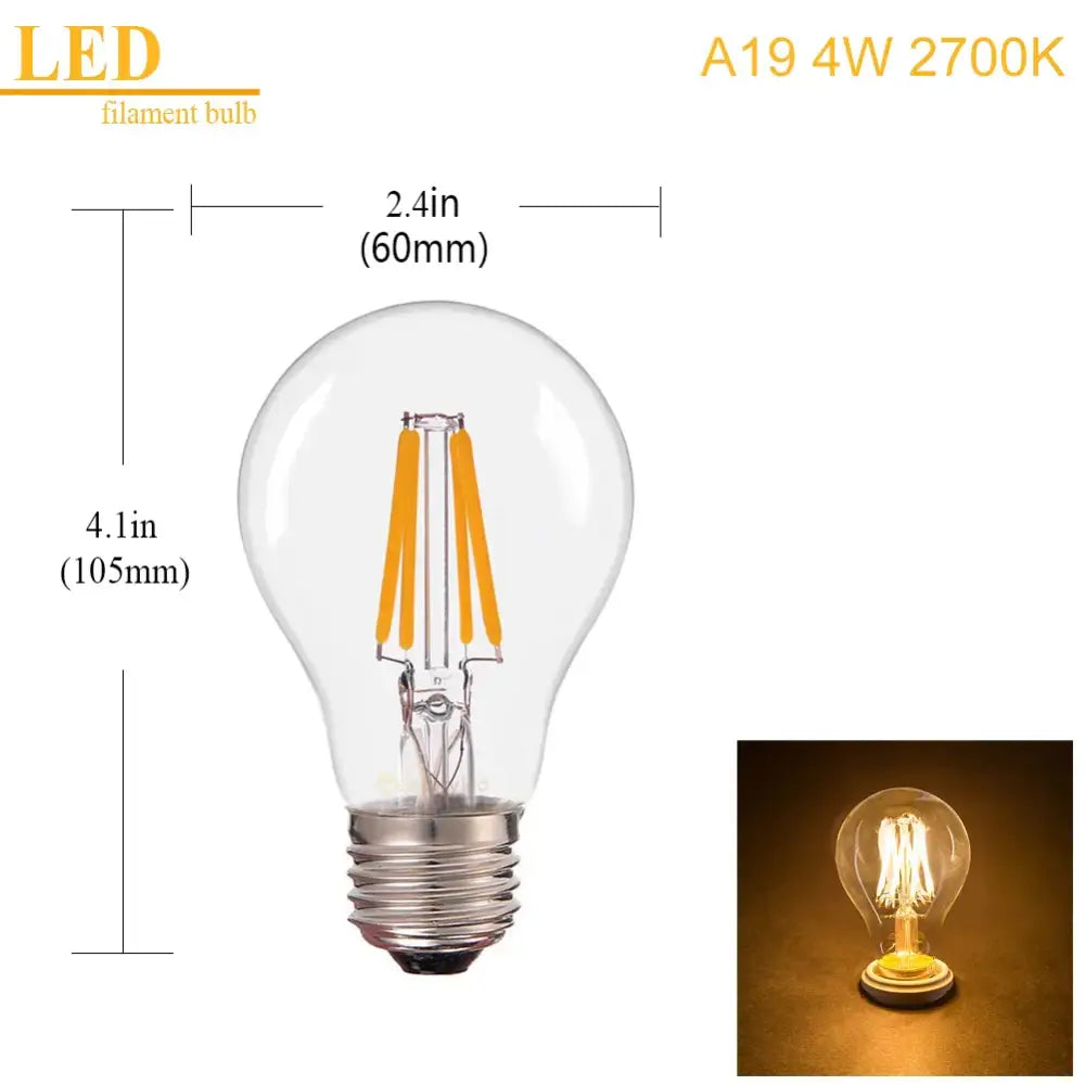 Clear glass a19 edison led bulb with warm golden glow and exposed filament in retro warm white led bulbs 6 pack