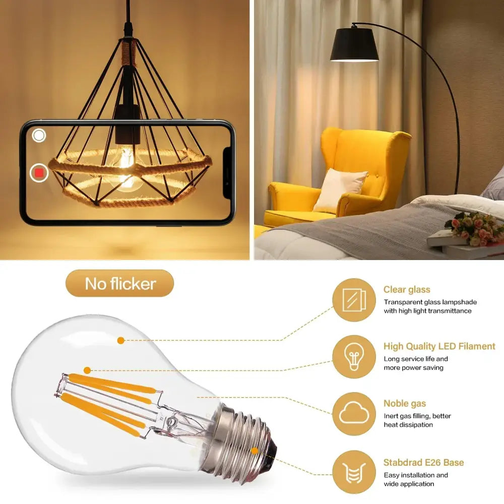 Clear glass edison led bulbs with a warm golden glow and e26 base ideal for living room globe lights pack of six