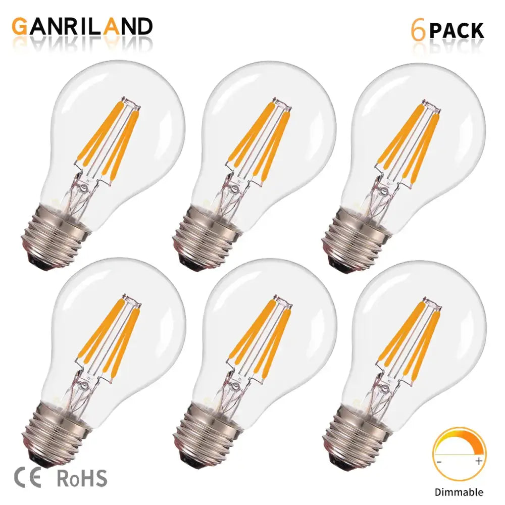 Clear glass globe edison led bulbs with warm yellow filament and metallic bases 6 pack by ganriland for living room lighting