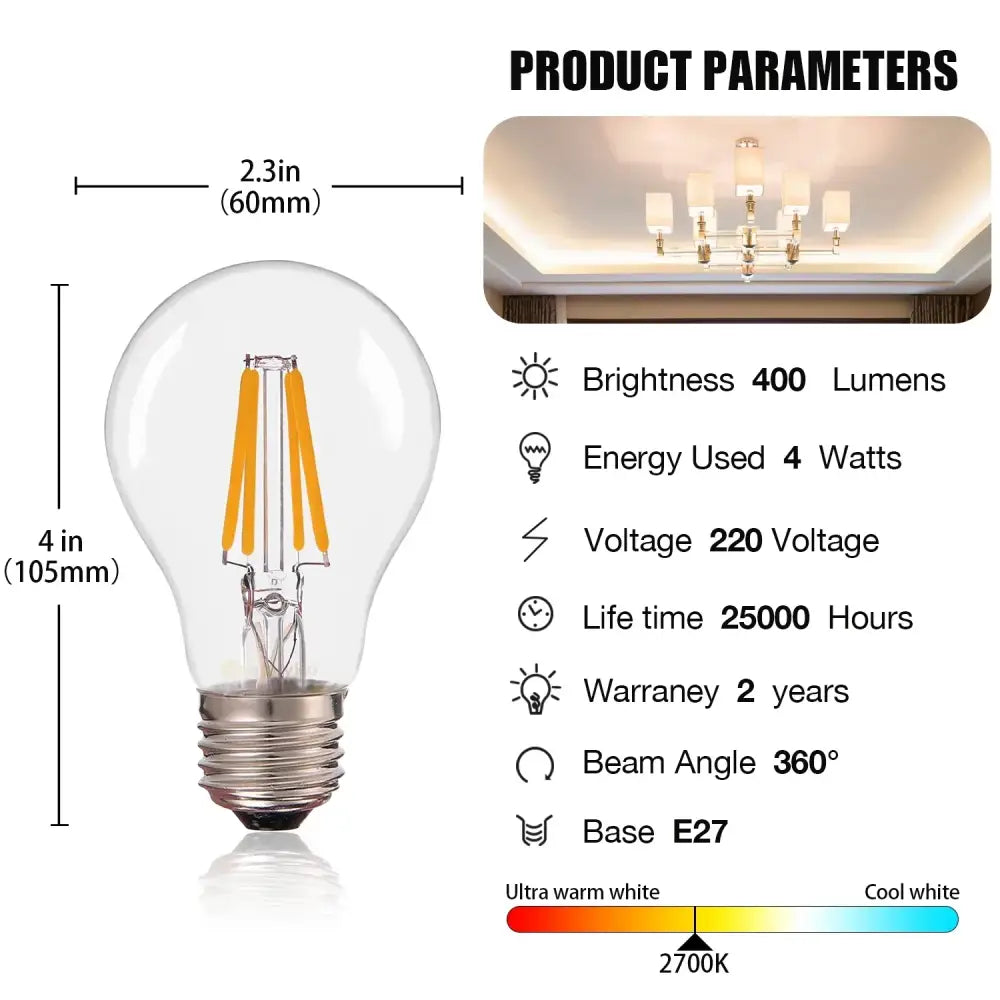 Clear glass retro warm white edison led bulbs with filament design and e27 base for living room globe lights pack