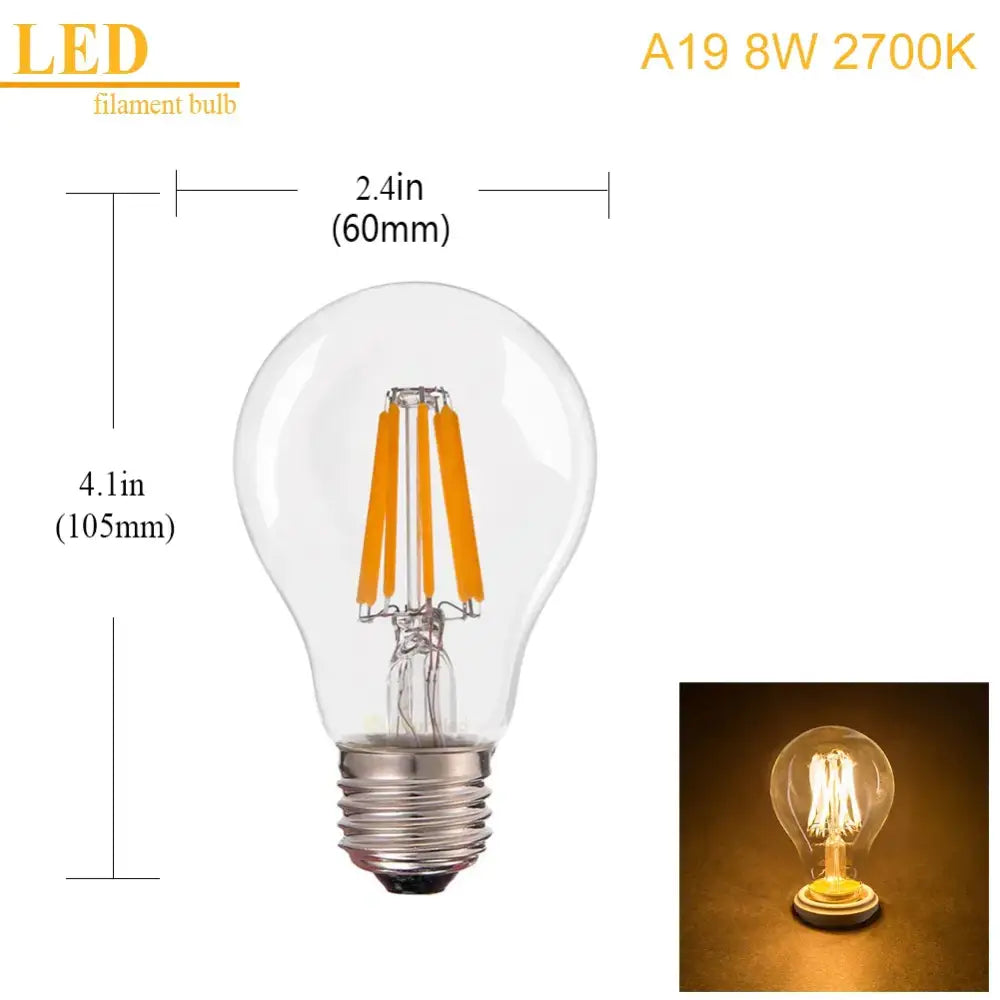 Clear glass a19 vintage-style edison led bulbs with warm white 2700k light and e26 screw base for living room use