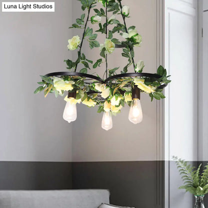 Retro Wheel Iron Chandelier Pendant Light with Plant Decor - Black, 3/6 Heads