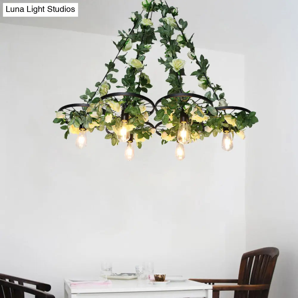 Retro Wheel Iron Chandelier Pendant Light with Plant Decor - Black, 3/6 Heads