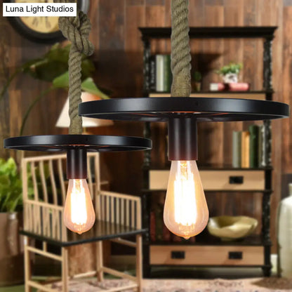 Retro Wheel Pendant Light: Black Metallic Ceiling Fixture with Bare Bulb for Restaurant