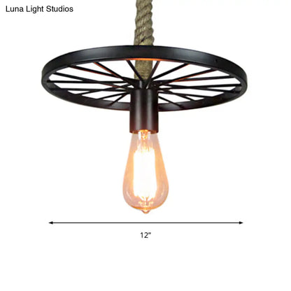 Retro Wheel Pendant Light: Black Metallic Ceiling Fixture with Bare Bulb for Restaurant