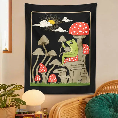 Retro whimsical black cute frog tapestry bedroom wall hanging with green frog on mushrooms for decorbites cute frog decor