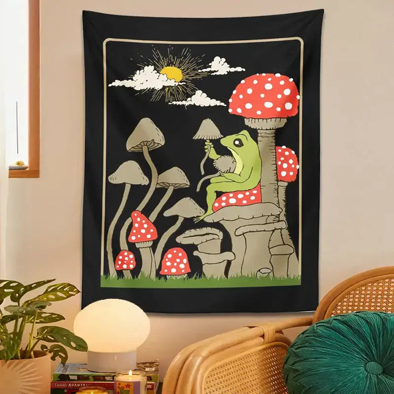 Retro whimsical black cute frog tapestry bedroom wall hanging with green frog on mushrooms for decorbites cute frog decor