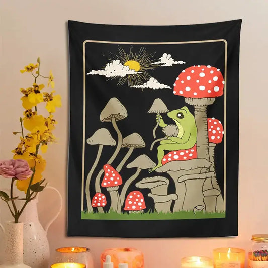 Retro whimsical black cute frog tapestry wall hanging featuring a green frog on red polka-dotted mushrooms under sunlight