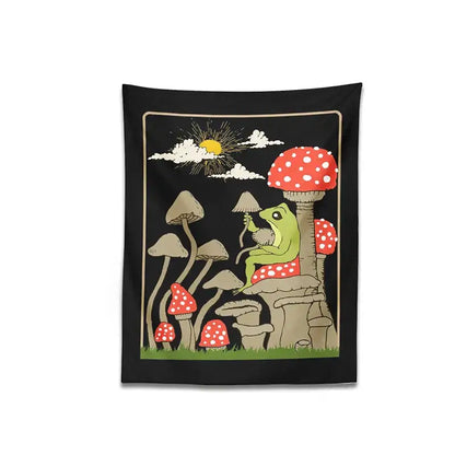 Retro whimsical black cute frog tapestry wall hanging with cartoon frog on mushrooms surrounded by red white toadstools