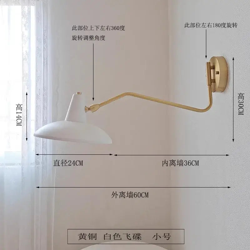 Retro white and gold swing arm wall lamp with a sleek white conical shade and polished decorbites copper swing arm