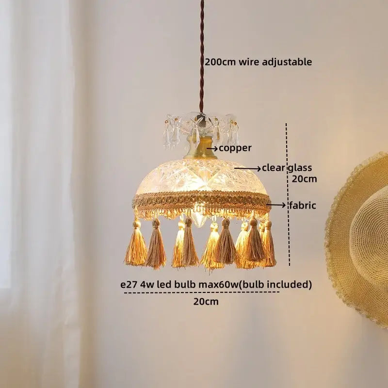 Retro white glass tassels led pendant lights with copper base clear glass dome and golden fabric trim for dining room decorbites glass tassels