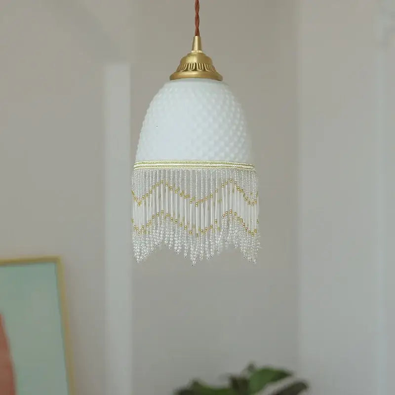 Retro white glass tassels led pendant lights with white textured glass, gold accents, and crystal fringe for dining room decorbites glass tassels