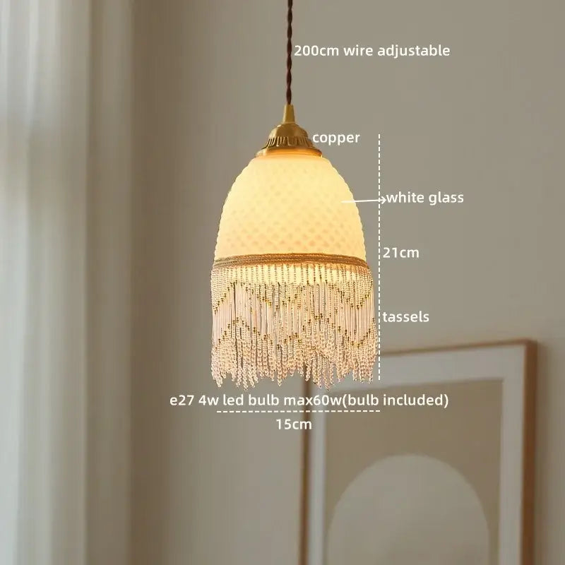 Retro white glass tassels led pendant lights with copper finish and gold-toned decorbites glass tassels for dining room decor