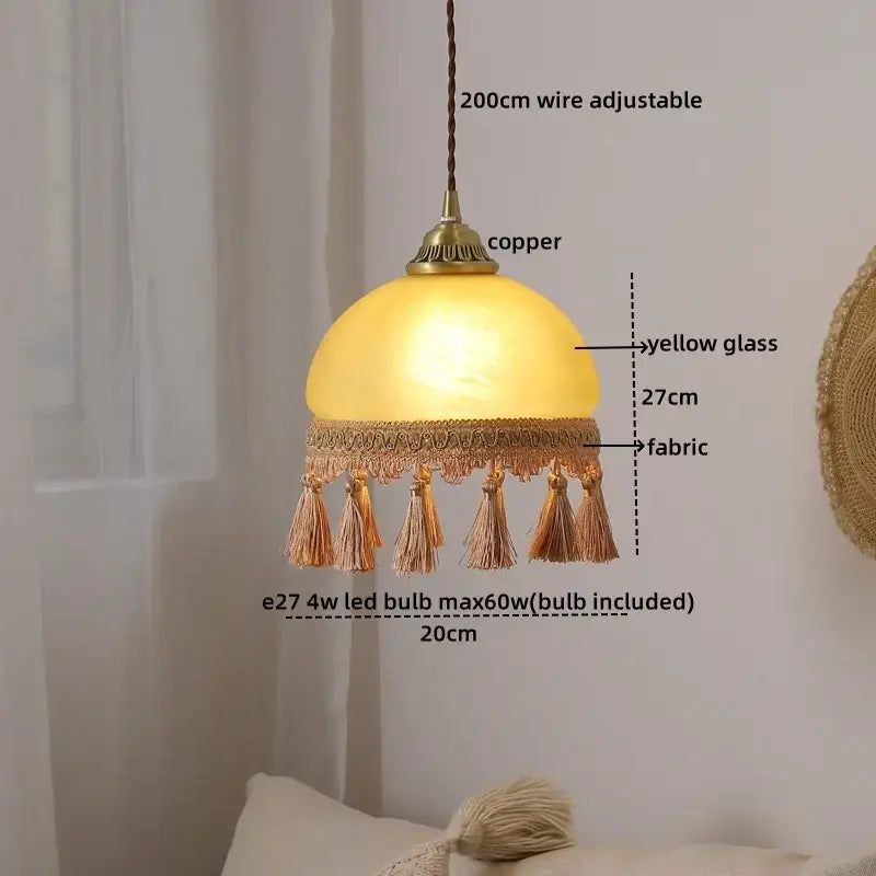 Yellow glass pendant lights with copper fixture and decorbites glass tassels led for dining room decor