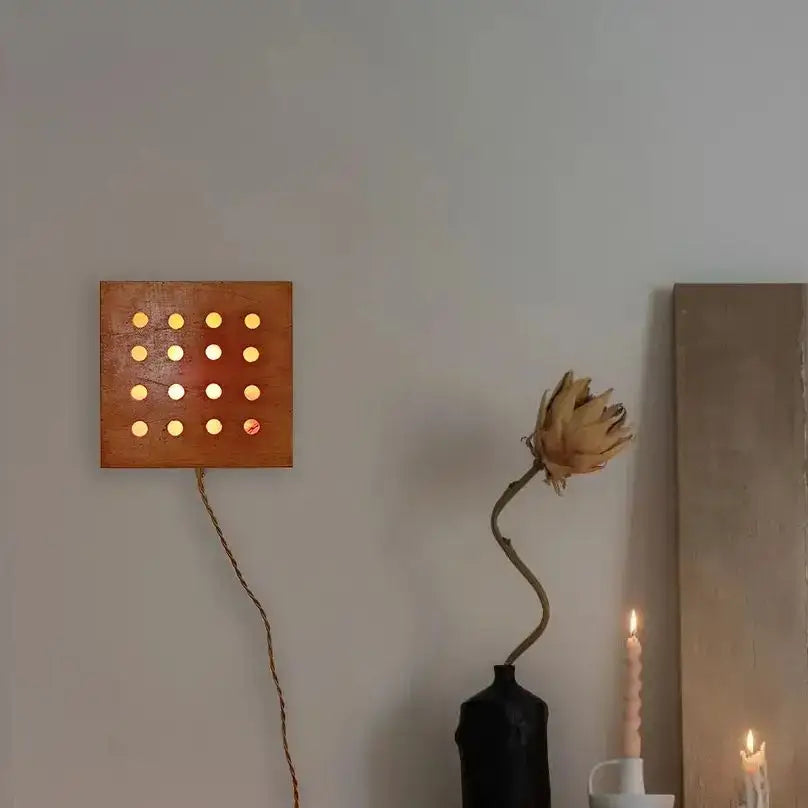 Square wooden wall light with warm glowing circular lights for bedroom decorbites cave box retro feature lighting
