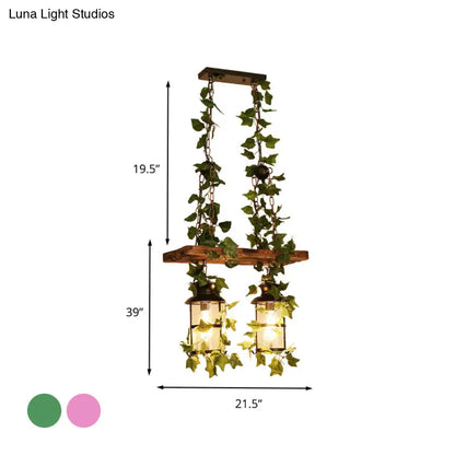 ديكوربايتس™ فانوس خشبي عتيق برأسين/ثلاثة رؤوس، مصباح سقف مع مصباح LED متدلي، وردي/أخضر، ديكور نباتي/زهري