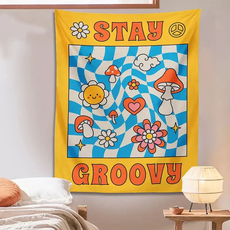 Retro yellow and blue groovy mushroom tapestry with vibrant checkered patterns and stay groovy text by decorbites groovy mushroom