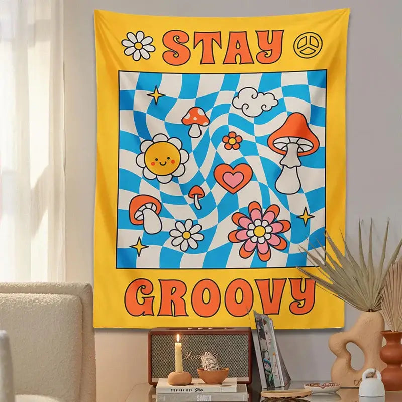 Retro yellow and blue groovy mushroom tapestry bedroom wall decor featuring cartoon mushrooms flowers and orange lettering decorbites groovy mushroom