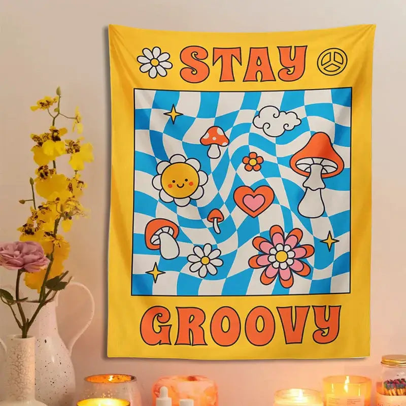 Retro yellow and blue groovy mushroom tapestry bedroom wall decor featuring decorbites groovy mushroom pattern and stay groovy text