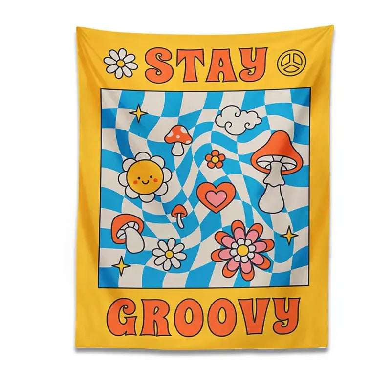 Retro yellow and blue groovy mushroom tapestry by decorbites featuring cheerful mushrooms and bold stay groovy text wall decor