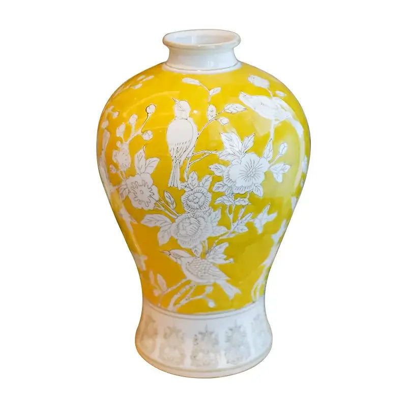 Retro yellow and white porcelain vase with delicate floral and bird motifs for living room decorbites blue white style