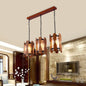 Retro Yellow Water Glass Pendant Light with Wood Panel Design - 3 Heads Cluster, Brown Dining Room Hanging Kit