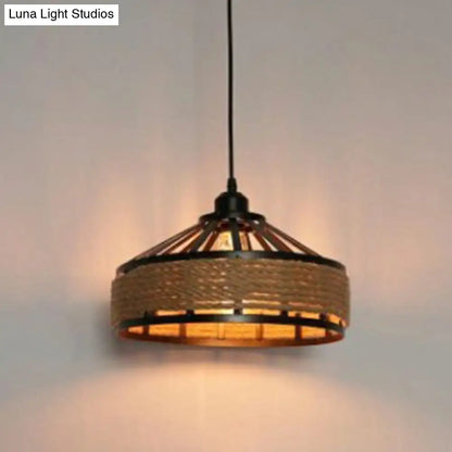 Retro Yurt Suspension Lighting: 1-Head Pendant Ceiling Light in Brown - Vintage Style with Hemp Rope