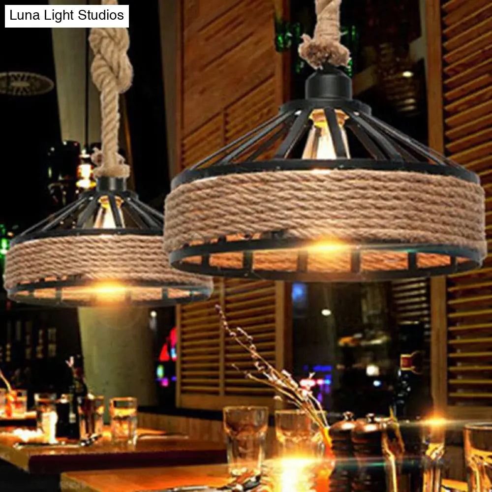 Retro Yurt Suspension Lighting: 1-Head Pendant Ceiling Light in Brown - Vintage Style with Hemp Rope