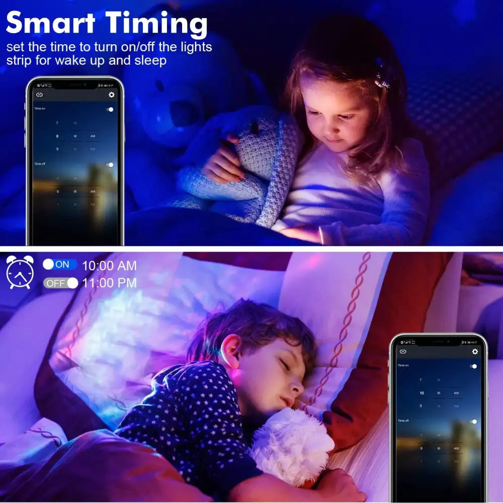 Rgb bluetooth led strip lights in black and blue with adjustable color and timing controls for bedtime routines