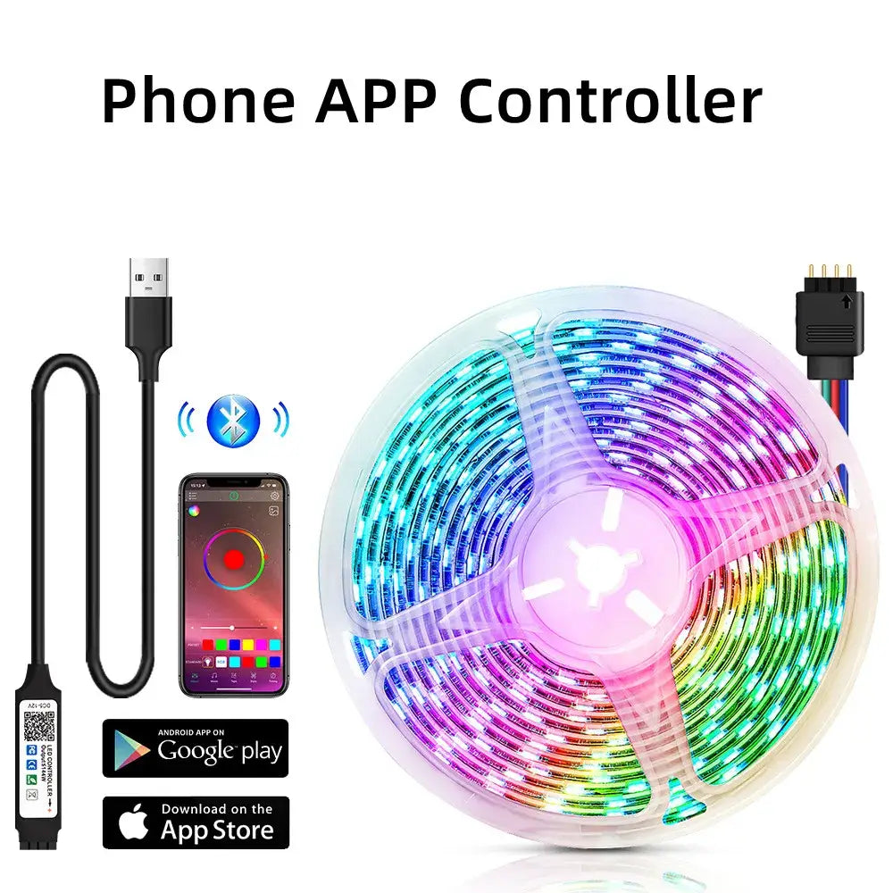 Colorful black and blue led strip lights with flexible translucent design and bluetooth app control for bedroom use