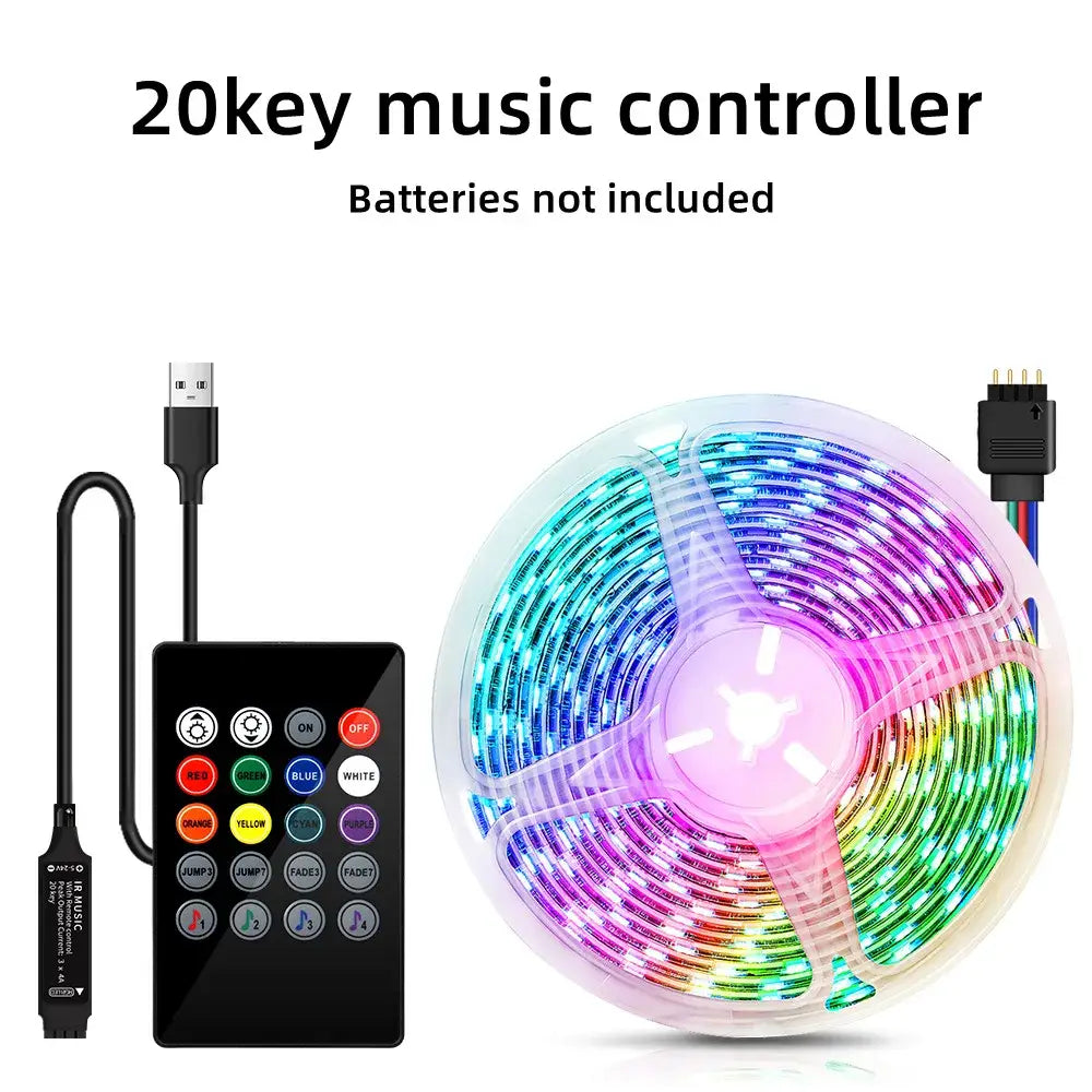 A 20-key remote control with colorful buttons for black and blue rgb bluetooth led strip lights in bedroom use