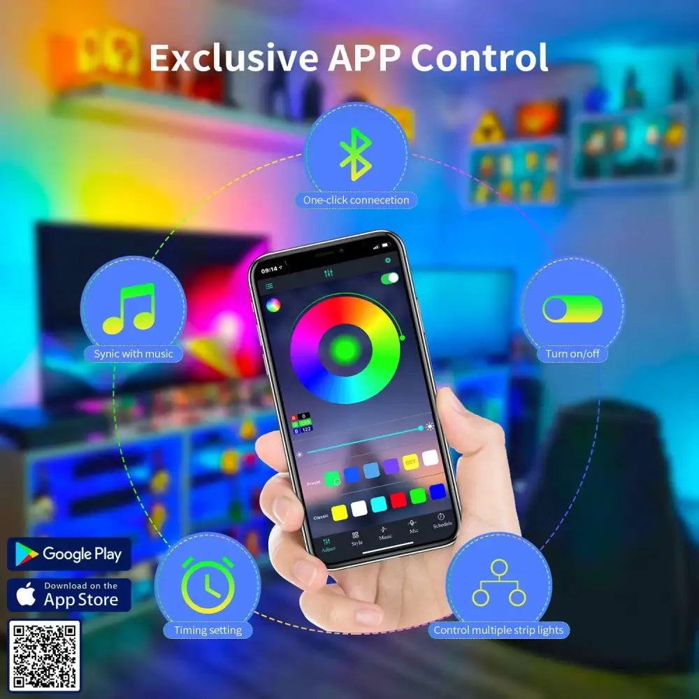 Smartphone displaying colorful led strip lights app control with bluetooth and music sync for black and blue bedroom usb strip lights